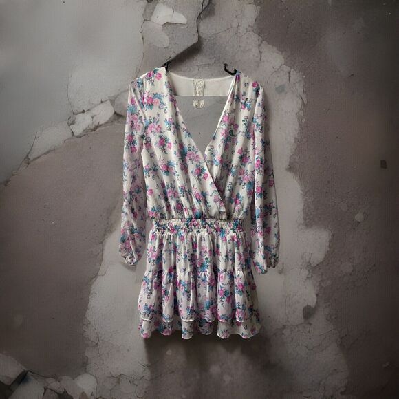 Sadie & Sage Mini Dress Size XS V Neck Faux Wrap Long Sleeved Floral Boho lined - Picture 1 of 9